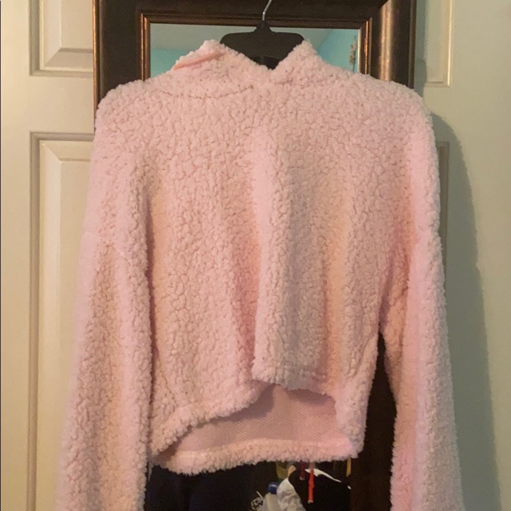 pink fuzzy cropped & hooded sweater